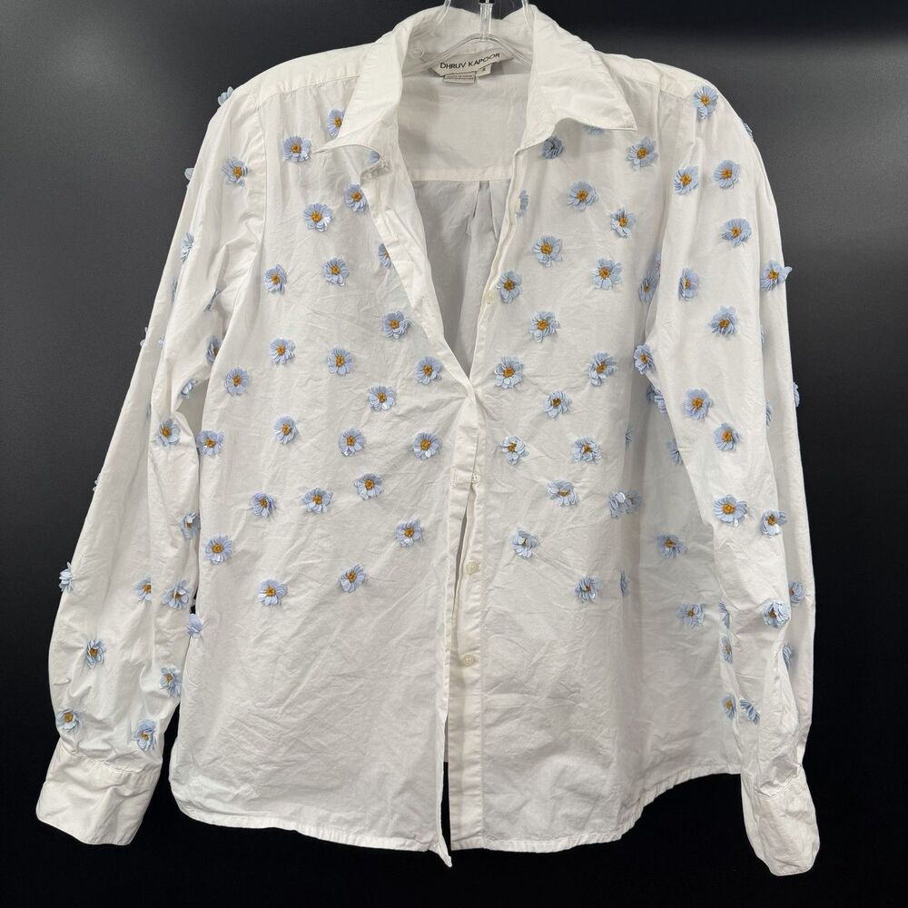 DHRUV KAPOOR Anthropologie Cotton Embroidered Blue Daisies Shirt 3D Flowers Sz S